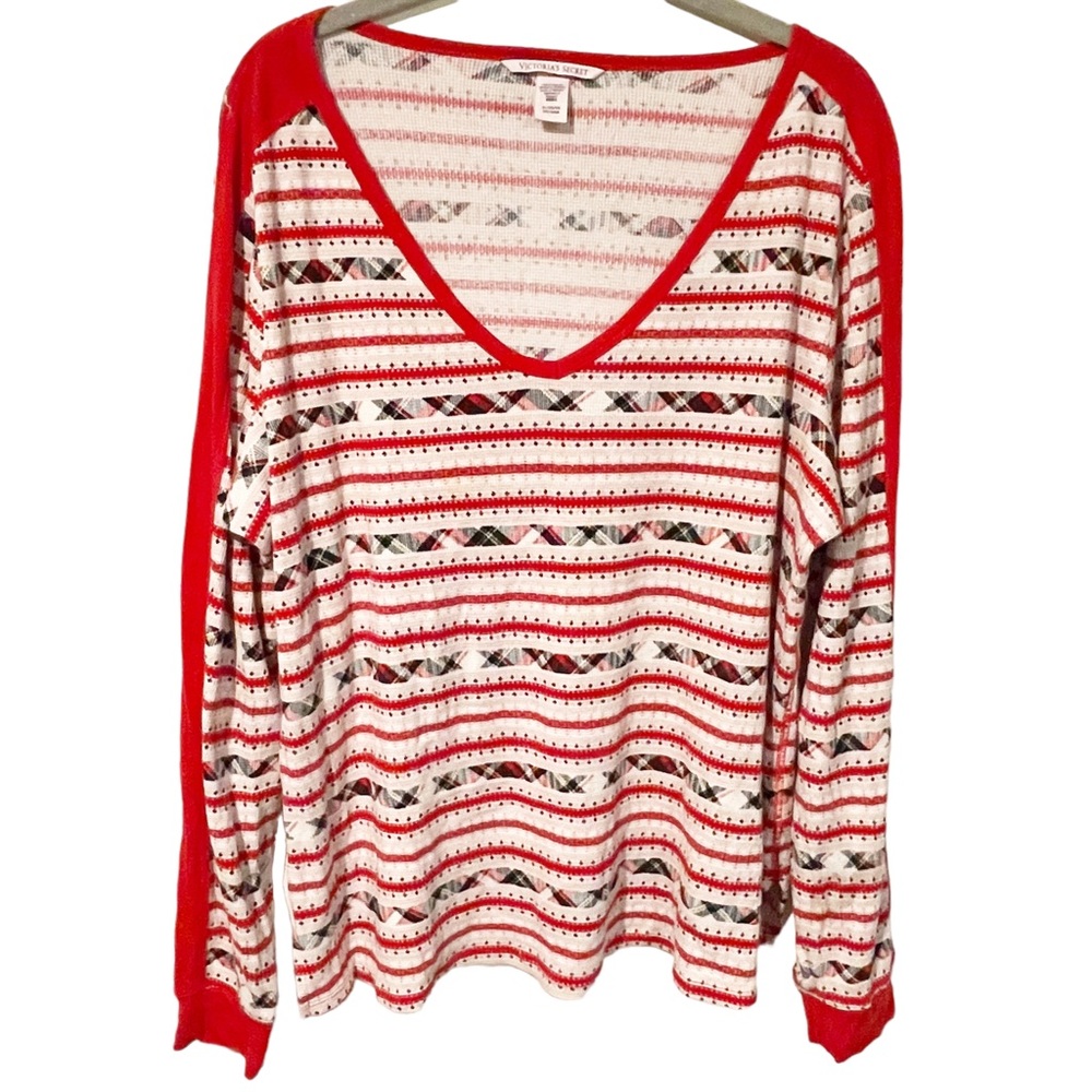 Victorias Secret Size XL Thermal Red Pink Geometric Stripe Long Sleeve Pajama‎